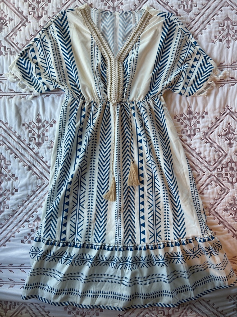 Boho Navy & Cream Tassel Midi Dress
